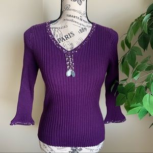 Cool Attitudes Ribbed Embellished Fitted Sweater Purple Sz M